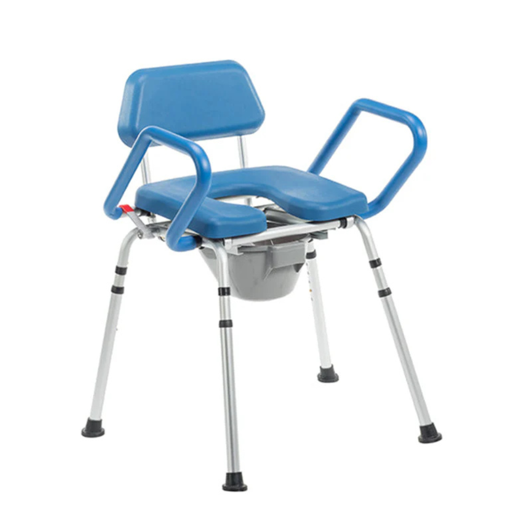 The Journey SoftSecure Uplift Toilet Assist Commode is a portable 3-in-1 unit with a blue seat, backrest, and armrests, a cut-out seat, removable gray bucket below, and four metal legs with rubber tips for stability.
